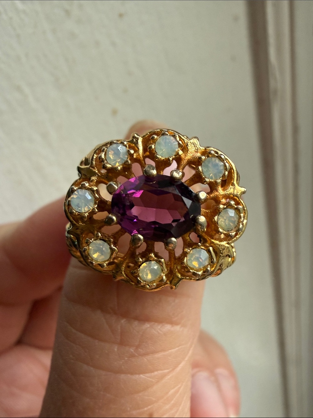 Gold-Tone ESPO Ring with purple amethyst colored stone and opalite cluster